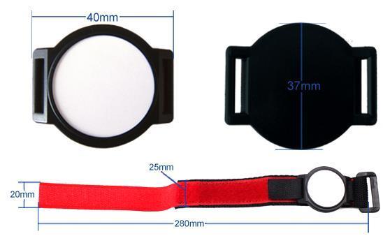 Original dimension photograph labelling a hook-and-loop wristband 280 mm long and 20 mm wide, with a housing 40 mm across and 37 mm high.