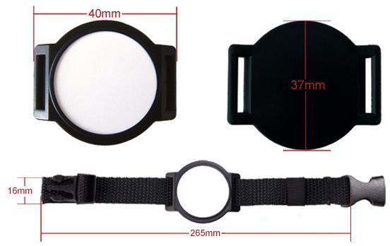 Original dimension photograph labelling a side-release wristband 265 mm long and 16 mm wide, with a housing 40 mm across and 37 mm high.