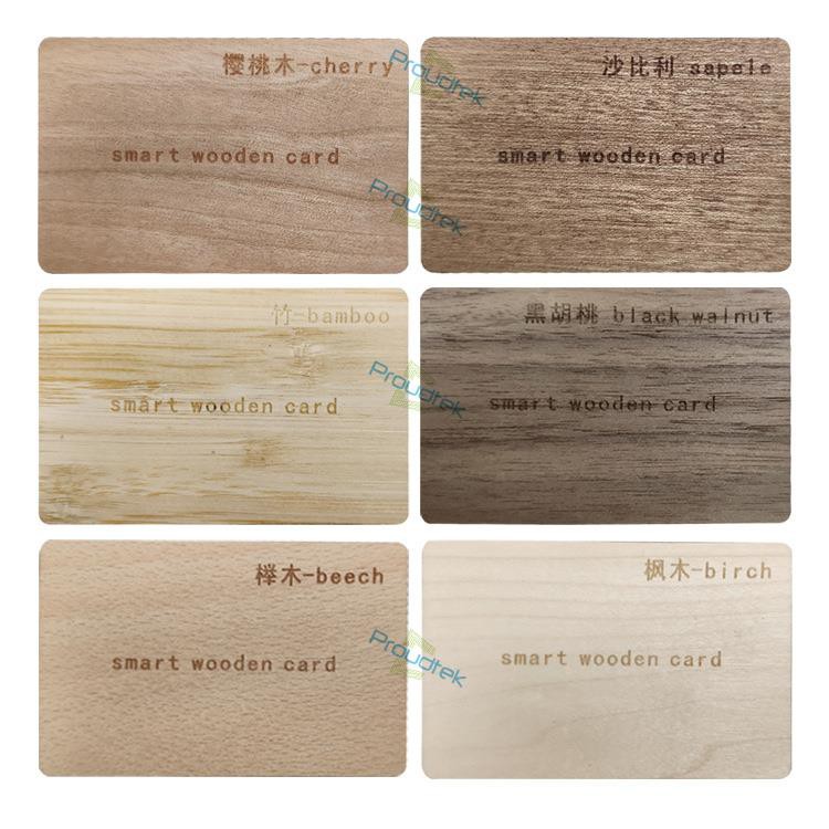 Original supplier chart showing six wood-card samples labelled cherry, sapele, bamboo, black walnut, beech and birch.
