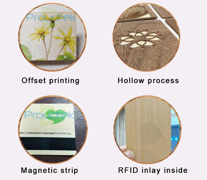 Supplier examples labelled offset printing, hollow process, magnetic strip and RFID inlay inside, showing wood-card decoration and a black magnetic stripe.